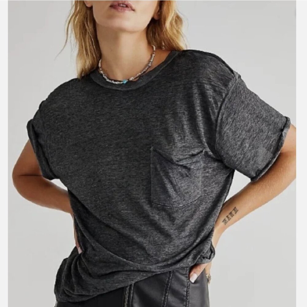 Free People We The Free Black Short Sleeve Pocket Vella Tee